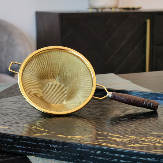 Golden Tea Strainer with Wooden Handle