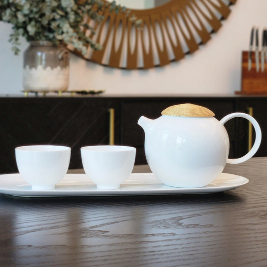 Minimalist White Ceramic Tea Set with Woven Lid Accent