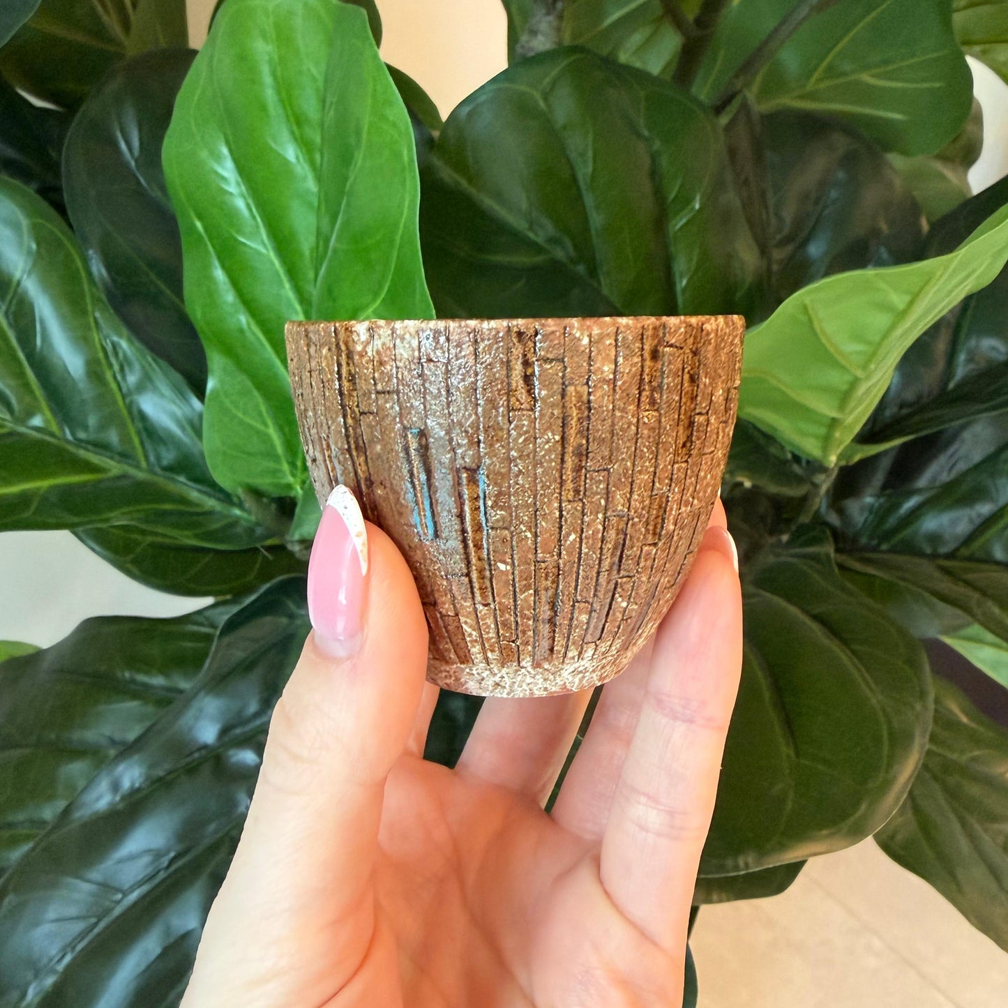 Emui: Handmade Guinomi Cup - Vertical Pattern Brown