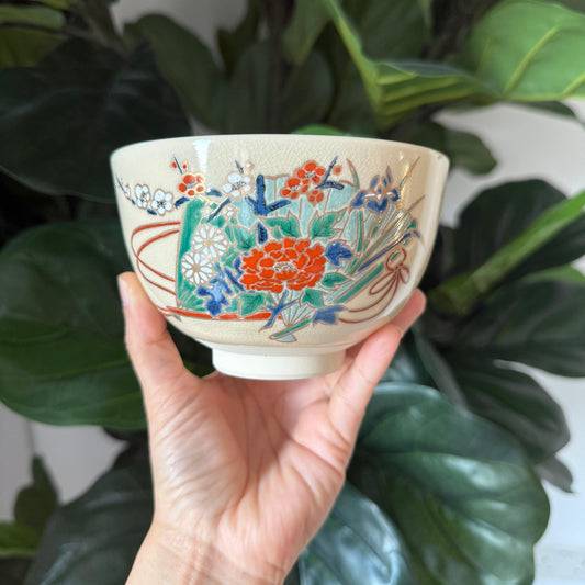 Miyachi Eikou Matcha Bowl Ninkin Scarlet Fan